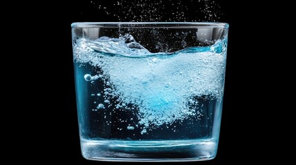 Sparkling blue denture cleaning tablet in a glass of water, releasing oxygen bubbles.