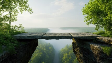 Stone bridge uniting two cliffs over a deep chasm, conveying resolution and trust in mediation.