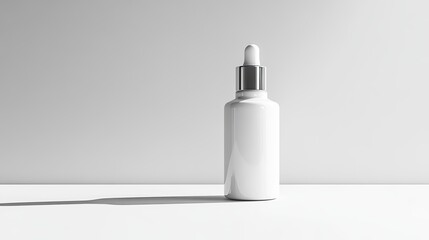 Minimalist presentation of white serum bottle with dropper on clean background