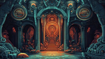 A Grand Teal And Orange Palace With A Staircase