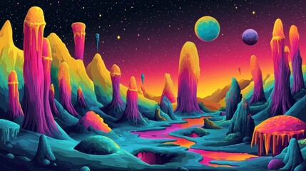Vibrant Alien Landscape With Colorful Mountains And Planets