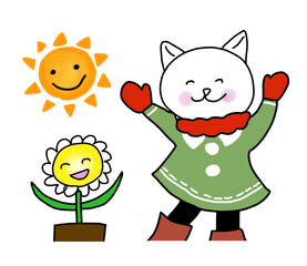 暖かい日に花と一緒に手を振る白ネコ