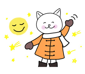 冬の晴れた日に手を振る白ネコ