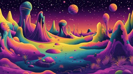 Vibrant Alien Landscape With Unique Rock Formations And Planets