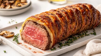 Beef wellington concept. Succulent Beef Wellington with Flaky Pastry Crust and Aromatic Herb Garnish