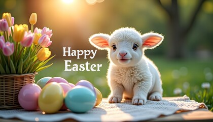 Fototapeta premium Adorable lamb celebrates Easter with colorful eggs and flowers.