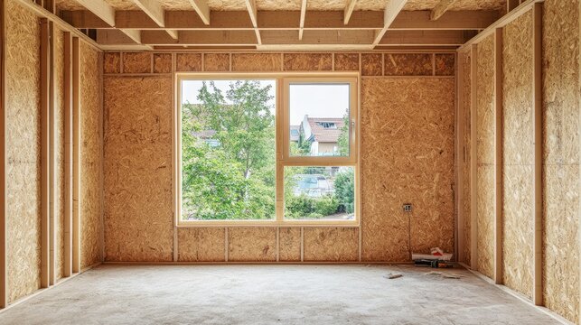 A construction site featuring OSB wall panels in an unfinished house.