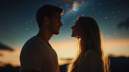 A handsome man gazes lovingly at a beautiful woman under a shimmering starry sky at night, creating a romantic atmosphere