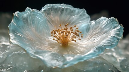 This striking flower features seven delicate petals with an ice sculpture effect, showcasing vibrant colors and intricate details against a deep beige backdrop.