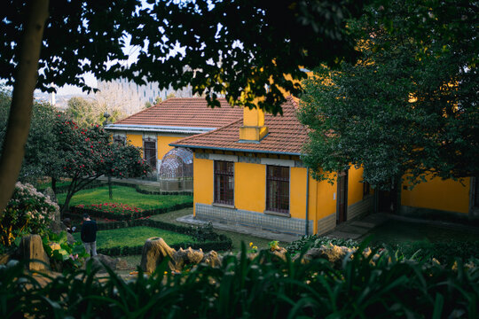 Fototapeta Charming yellow house with a lush green garden