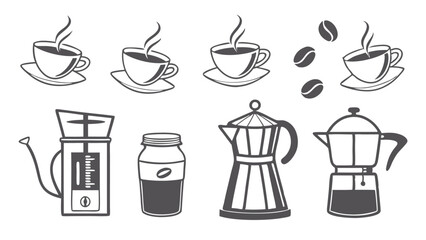Vintage Coffee Icons Set &ndash; Hand-Drawn Coffee Cups, Beans, Grinders, and Brewing Equipment in Retro Style
