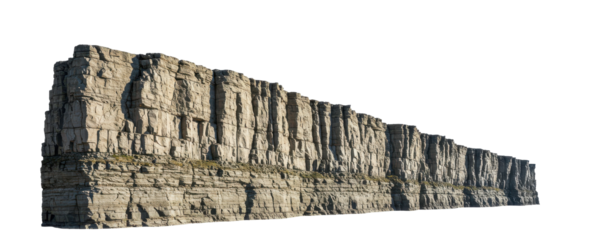 Long Mountain Cliff with Steep Rocky Edge and Stone Peak isolated on a white background with PNG, cutout, or clipping path.