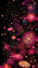 Fototapeta premium Celebration of bright fireworks in night sky urban setting festive atmosphere colorful display