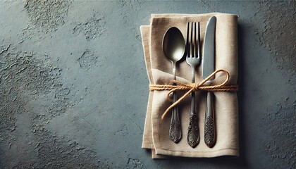 Elegant rustic table setting with silverware wrapped in a beige napkin and tied with twine on a textured concrete background. Perfect for fine dining, restaurant decor, or culinary themes.