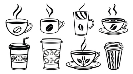 Vintage Coffee Icons Set – Hand-Drawn Coffee Cups, Beans, Grinders, and Brewing Equipment in Retro Style