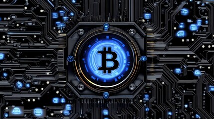 Glowing Bitcoin Symbol on a Dark Circuit Board Background