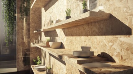 A home DIY project using OSB panels for wall shelving.