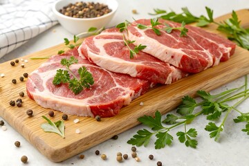 Fototapeta premium Fresh Raw Beef Steaks on Wooden Board with Herbs and Spices