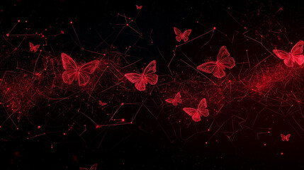 Crimson Butterflies in the Void: A mesmerizing depiction of numerous crimson butterflies dancing through a network of illuminated threads against a deep, enigmatic backdrop.
