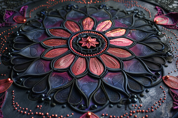 fractal flower background, Dark gothic mandala with black lace details, deep red and purple highlights, and an elegant mystic aura.