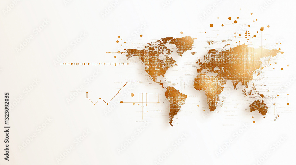 Aufkleber global network: a stylized, golden map of the world, intertwined with delicate lines and points, hin