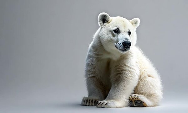 Rotund Polar Bear Cub Sitting on White Background Radiating Innocence and Charm