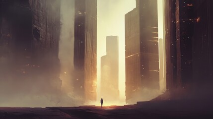 A lone figure stands before tall futuristic structures