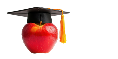 Apple with graduate cap on isolated transparent background.