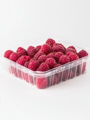 Fresh Raspberries in a Tray: A close-up shot of vibrant red raspberries, freshly picked and neatly arranged in a clear plastic tray, showcasing their juicy texture and natural sweetness.