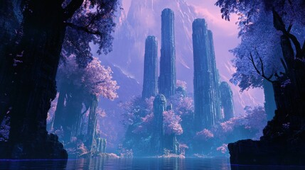 Ethereal Towers Amidst a Dreamlike Purple Forest