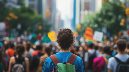 Political rally for environmental equity city streets demonstration urban crowd perspective activism