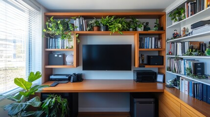 A modern particle board desk with a melamine surface in a home office.