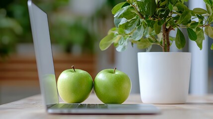 Fresh Green Apples Next to Laptop in Bright Indoor Setting