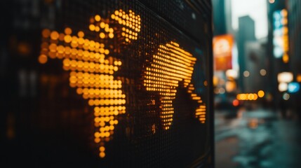 Illuminated World Map on Urban Night Display