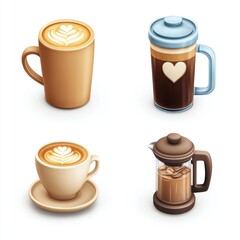 Obraz premium Four coffee drinks in realistic 3D style. Latte art, French press, and coffee maker