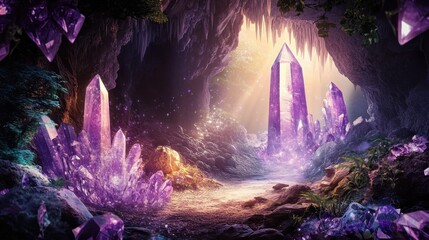Amethyst Crystal Cave Magical Pathway Glowing Rocks