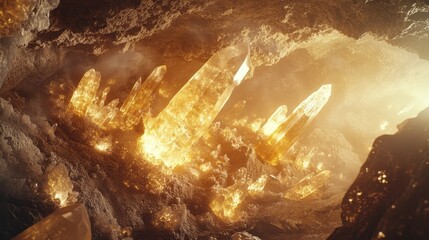 Golden Crystals Glimmering Deep Within a Mystical Cave