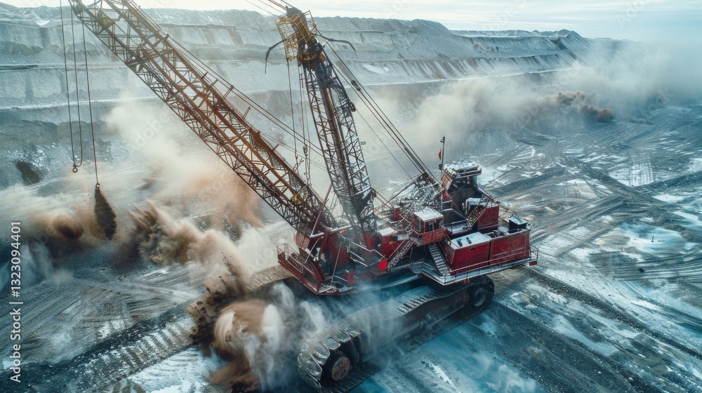 Leinwandbilder A massive excavator works in a mining site, creating clouds of dust and debris while extracting materials from a large open pit. The machinery is central to operations.