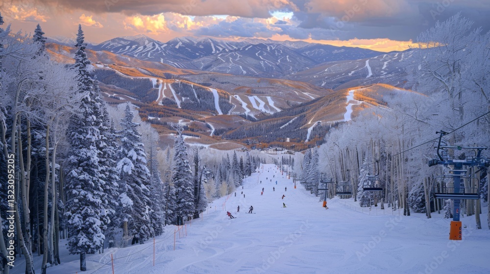 Poster skiers navigate down a snowy slope surrounded by tall trees, with majestic mountains in the backgrou