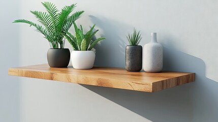 A particle board floating shelf mounted on a wall with decorative items.