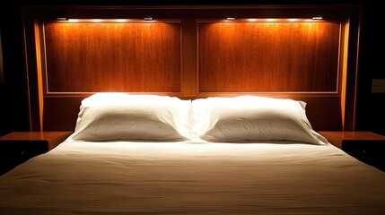 A particle board headboard with a decorative laminate wood finish.