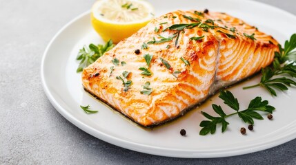 Salmon wellington concept. Elegant Salmon Fillet Plated with Lemon Butter and Aromatic Herbs