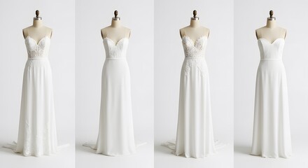Collection of Simple White Wedding Dresses on Mannequins, Minimalist Bridal Fashion, White Background, HD Mockup Quality Photography