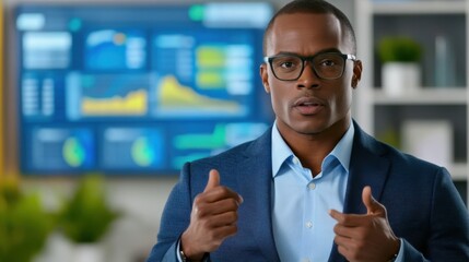 Business presentation insights finance expert analyzes data trends office setting video content professional environment engaging viewpoint