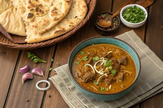 Hot and sweet beef roast / meat curry and Kerala paratha / parotta flatbread made of Maida / whole wheat flour Delhi India. Popular North Indian side dish for chapati, fried rice, roti, paratha, naan.