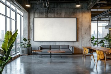 Modern office interior with large blank billboard, sofa, and city view.