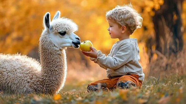 Happy child feeding alpaca with an apple in beautiful autumn forest