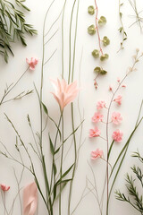 Minimalistic background, delicate lines and shapes of plants and flowers softly intertwine, pastel shades of green and pink to create a calm and harmonious feeling.