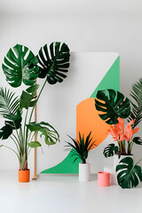 The background features tropical plants such as palm leaves, monstera and ficus, bright with soft shades of green and accent colors such as orange.