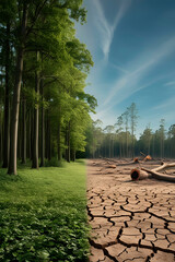 Wide landscape of forest before logging, with green trees and wildlife, then transition to the same place after logging, with empty areas and fallen trunks.